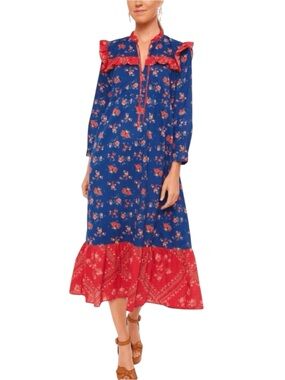 NWT Ro’s Garden Tatiana Blue Reno Floral Print Colorblock Midi Dress LARGE